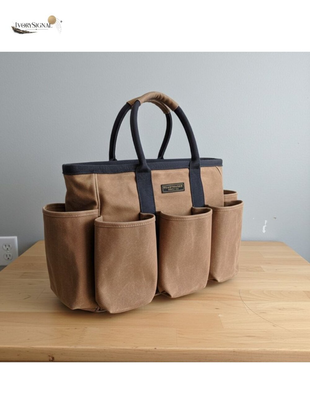 Waxed Canvas Tool Tote with Pockets, Zipper Closure, Gardening Bag, Heavy Duty